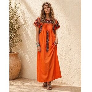 Vintage 70s Mexican Oaxacan Orange Embroidered Dress S/M Boho Folk Floral Midi